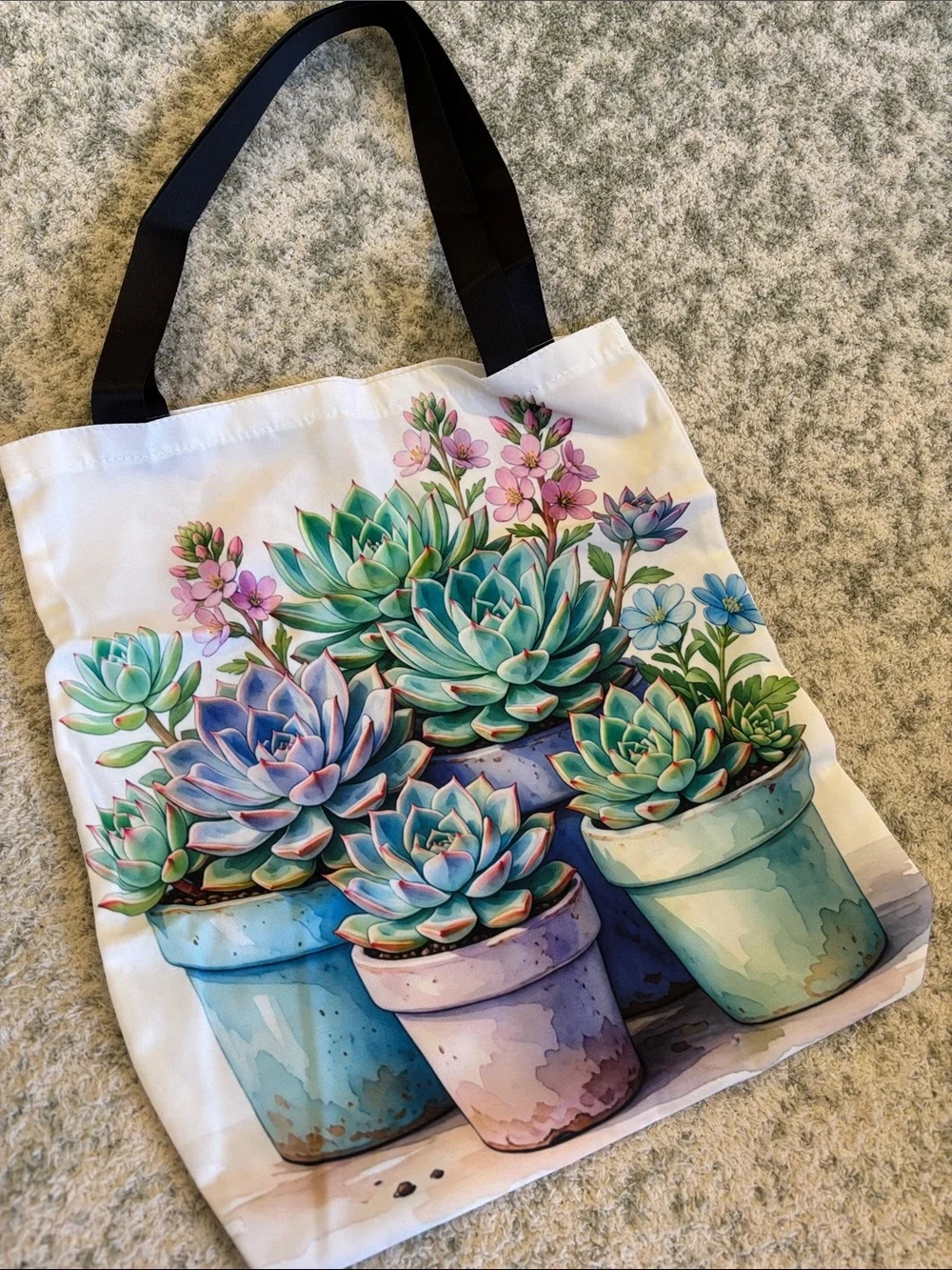 Pastel Potted Succulents Cactus Poly Tote Bag NWT 14x15.25”